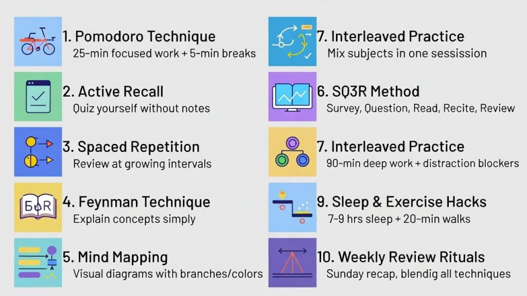 Infographic of 10 proven study techniques for better grades and focus