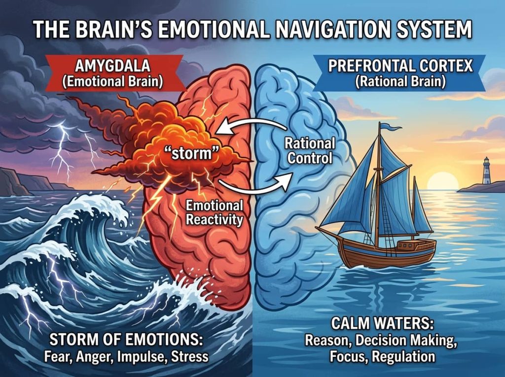 Brain diagram showing amygdala hijack and prefrontal control for managing emotions