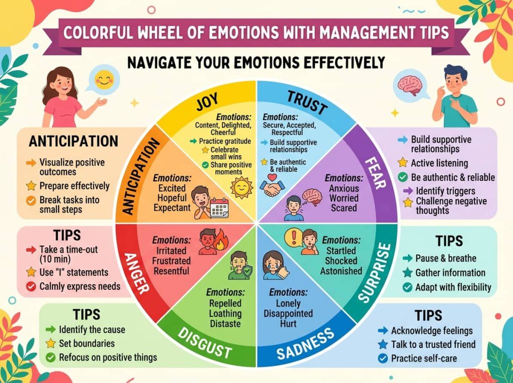 Infographic on managing emotions to boost daily productivity for ages 15-30.