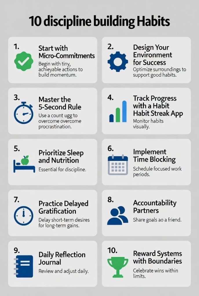 Infographic of 10 discipline building habits for teens and young adults in USA
