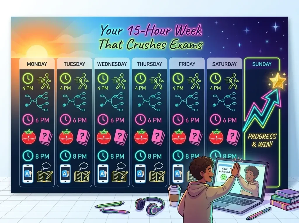 Colorful weekly study schedule visualization with Pomodoro timers, Anki reviews, exercise breaks, and progress tracking
